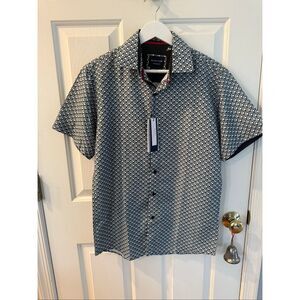 Silver Stone Geo Collection White & Green Print Button Down Shirt sz M NWT